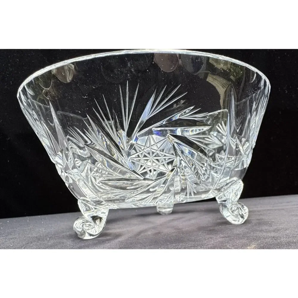 Vtg Crystal Glass Pinwheel Center Star Of David Pattern Footed Serving Bowl -C13